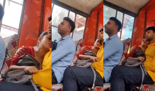 Love couple kissing in public bus