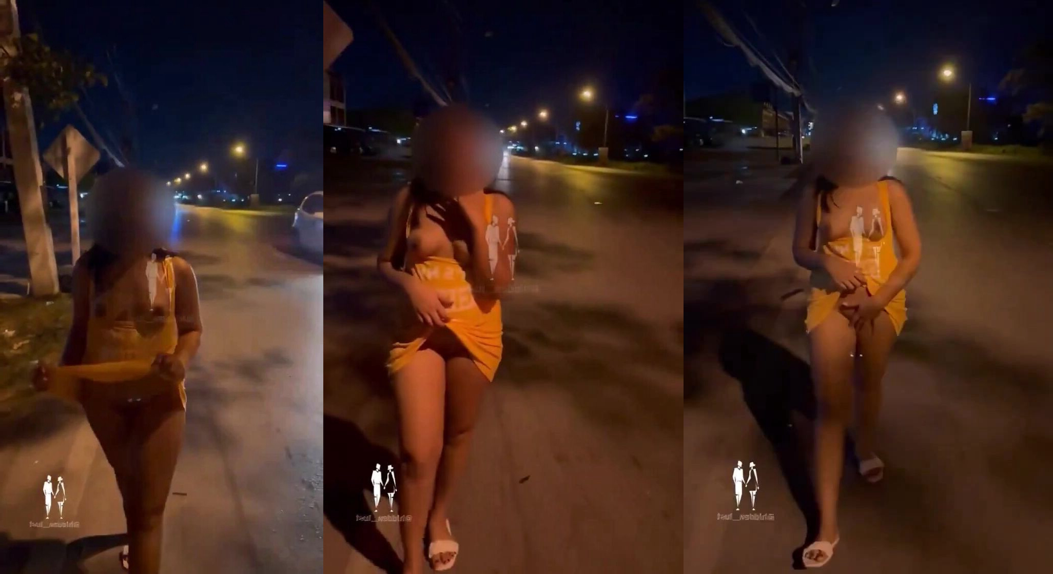 A street call girl walking half-nude in public